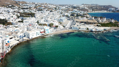 Aerial photo of iconic view from chora of Mykonos island little Venice area, Cyclades, Greece © aerial-drone