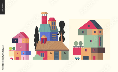Simple things - houses - flat cartoon vector illustration of colorful countryside house with terrace and trees on it, chimney, attic roof space, tall trees around, car and garage - houses composition