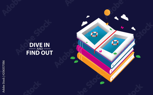 Dive in and find out with 3d book concept for education banner, card, print etc.