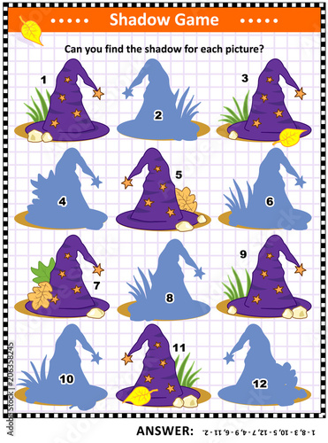 Halloween themed visual puzzle or picture riddle with witch's hat: Can you find the shadow for each picture? Answer included.

