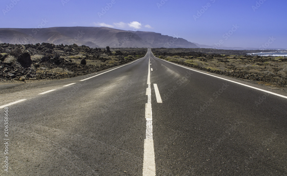 Long straight road, Lanzarote, Canary Islands, Spain