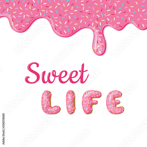 Vector banner with Donut pink glaze and text. Donuts hand drawn letters.