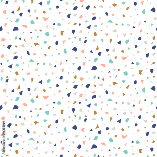 Abstract seamless pattern in terrazzo style. Multicolor haotic stains. Vector background. Print for wallpaper, backdrop, fabric, etc.