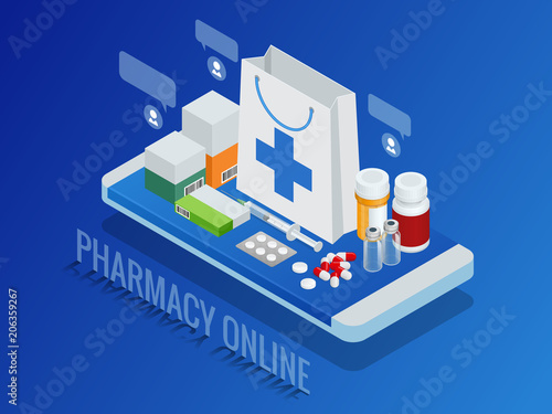 Isometric pharmacy online concept. Finger touch pay button on screen for medicine online payment via application. Pills on smartphone vector illustration