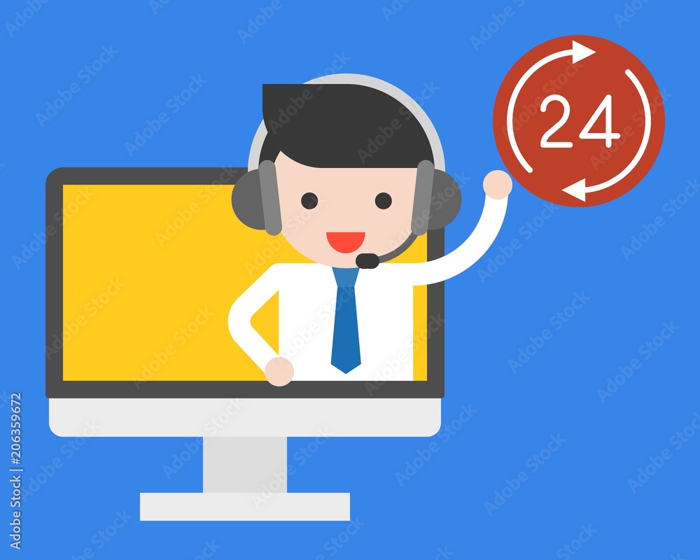 Businessman on computer screen with head phone and 24 working hours badge, operation time concept flat design Businessman on computer screen with head phone and 24 working hours badge, operation time concept flat design