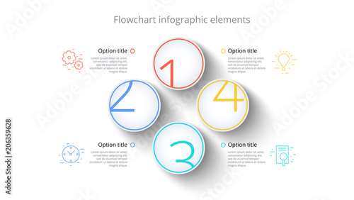 Business process chart infographics with 4 step segments. Circular corporate timeline infograph elements. Company presentation slide template. Modern vector info graphic layout design.