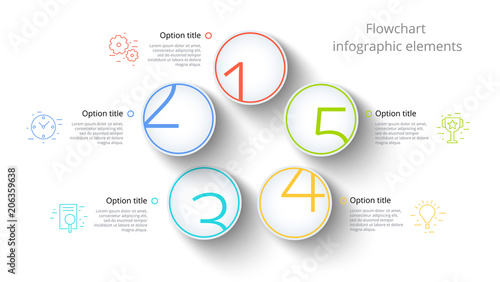 Business process chart infographics with 5 step segments. Circular corporate timeline infograph elements. Company presentation slide template. Modern vector info graphic layout design.