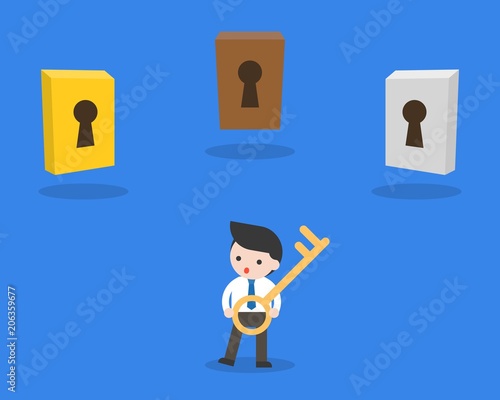 Businessman hold a key with different three keyhole, making decision concept flat design