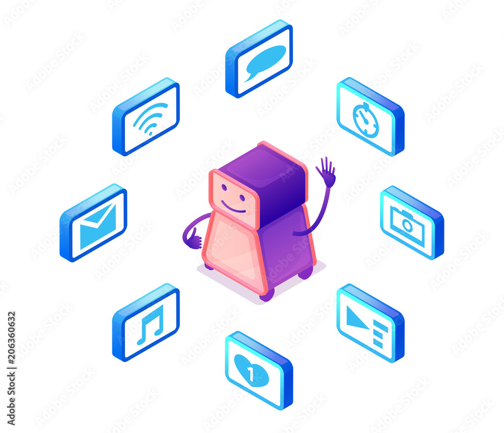 Chatbot service isometric vector illustration with icons set and robot, communication by gadgets, smartphone, mobile chat technolodgy concept, message app background