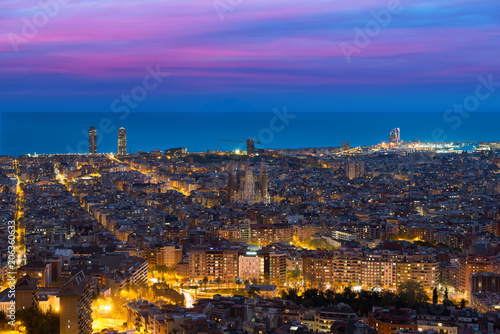 Top view of Barcelona city skyline during evening in Barcelona, Catalonia, Spain..