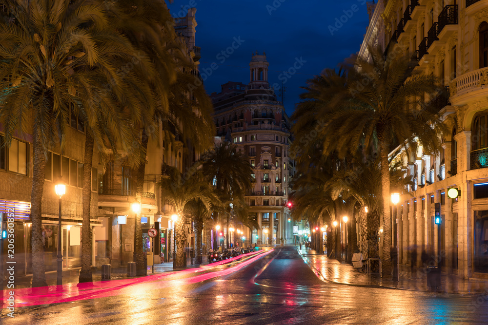 Fototapeta premium Night street view in Valencia downtown, Spain. Palm Trees in Spanish City of Valencia.