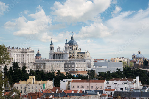Madrid landmark. Landscape of Santa Maria la Real de La Almudena Cathedral and the Royal Palace. Beautiful skyline at Madrid, Spain.