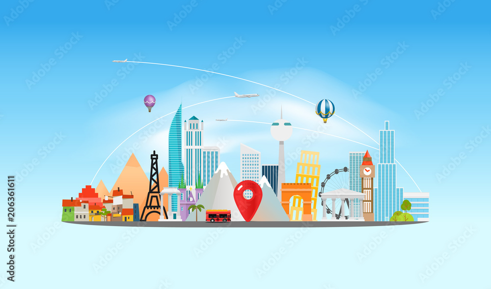 Naklejka premium Around the wotld concept. Travel destination vector illustration