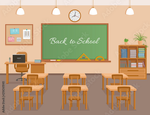 School classroom with chalkboard, student desks and teacher's workplace. School class room interior design