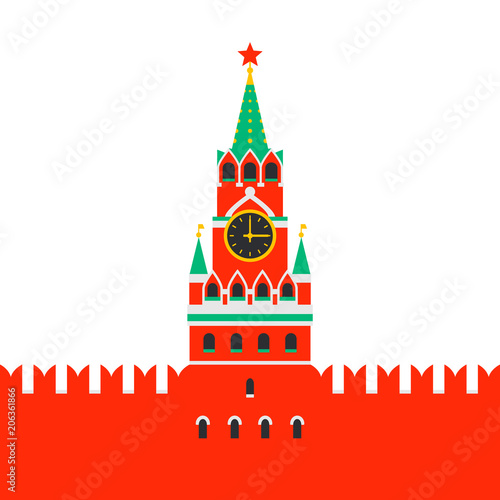 Moscow Kremlin. Spasskaya tower of the Kremlin on red square in Moscow, Russia. Russian national landmark in flat style ob white background.