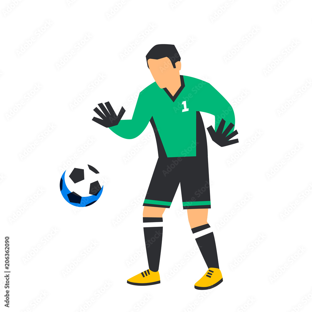 Football soccer goalkeeper Abstract green football player with ball. Soccer Sportsmen Isolated on white background. Football player in Russia. Flat style fool color illustration