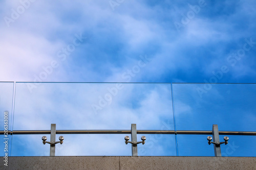 The view on the observation deck with the obstacle of steel and glass upwards 