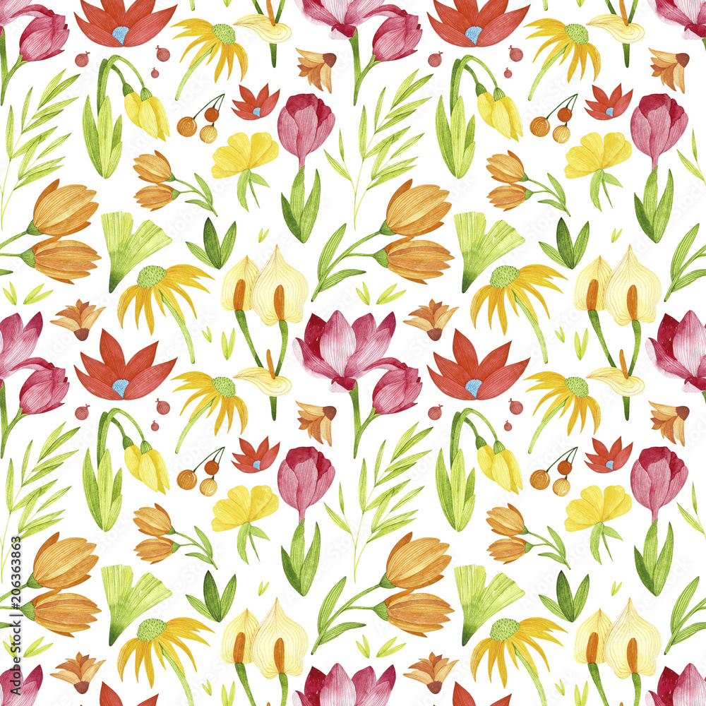 Watercolor flowers seamless pattern. Included branches and flowers elements.Perfect for you postcard design,invitations, projects, wedding card, poster, packaging.