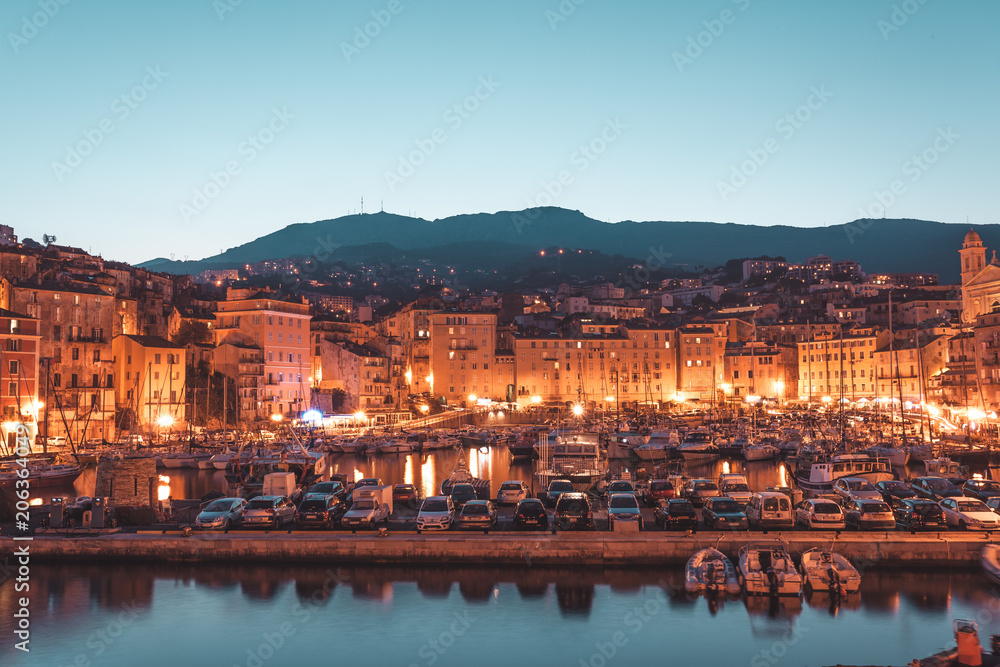 Bastia port at night in Corsica, France