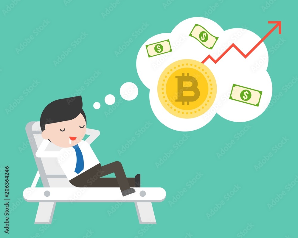 Businessman lay on beach bed dreaming about bitcoin increase value, flat design cryptocurrency concept