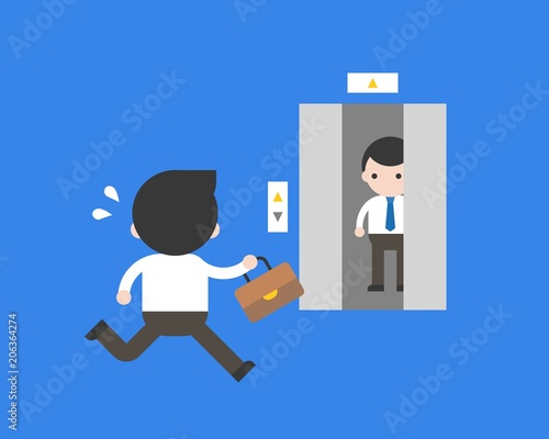 Businessman running to closing lift, flat design business concept