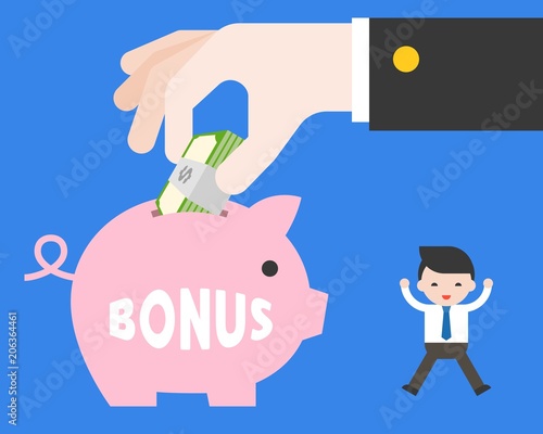 Tiny Business man jumping with happiness because big hand of boss giving bonus in piggybank, flat design about business situation concept