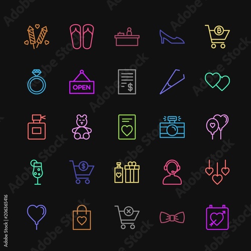 Modern Simple Colorful Set of clothes, shopping, valentine, beauty and cosmetics Vector outline Icons. Contains such Icons as  date,  teddy and more on dark background. Fully Editable. Pixel Perfect