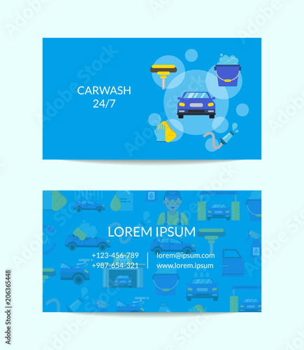 Vector business card template for car washing service with flat icons