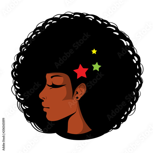 Vector bright illustration in pop art, afro american female face. Sexy woman profile with closed eyes, afro hairstyle in big earrings.
