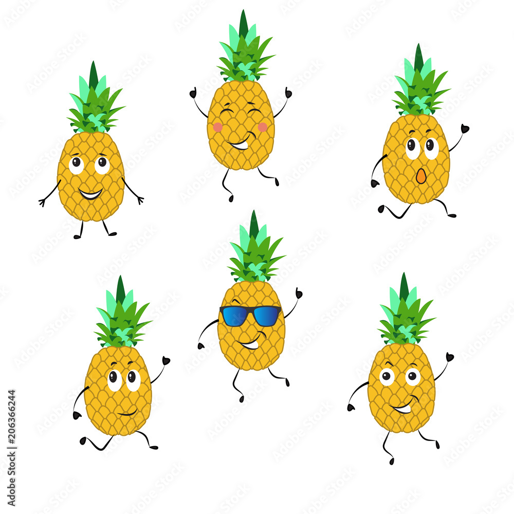 CUTE FUNNY DANCING PINEAPPLE ON WHITE BACKGROUND. HOLIDAY FEELING