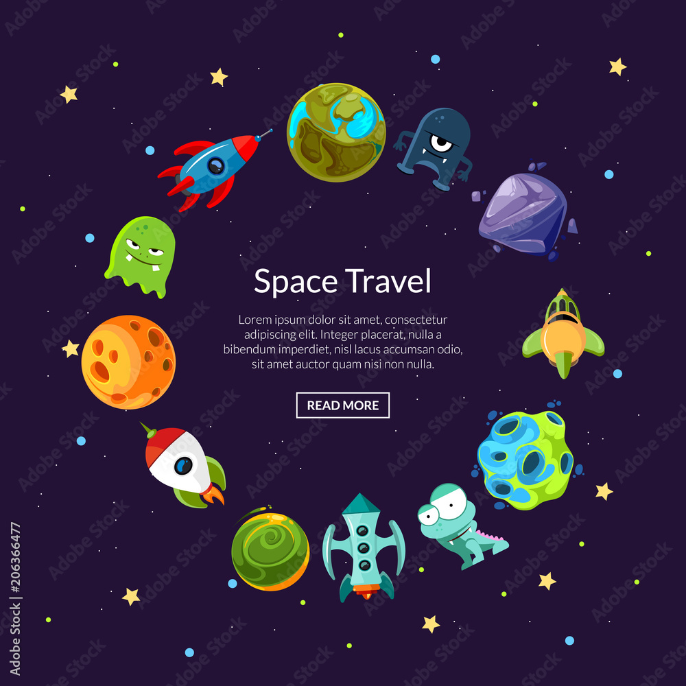 Fototapeta premium Vector cartoon space planets and ships