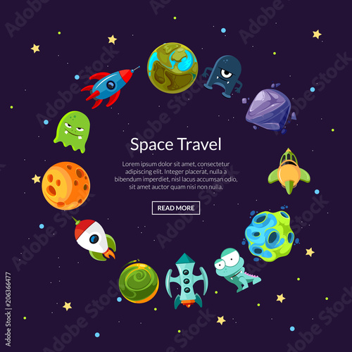 Vector cartoon space planets and ships