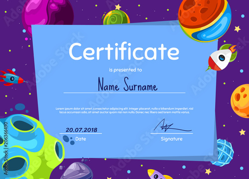 Vector children diploma or certificate with cartoon space planets and ships