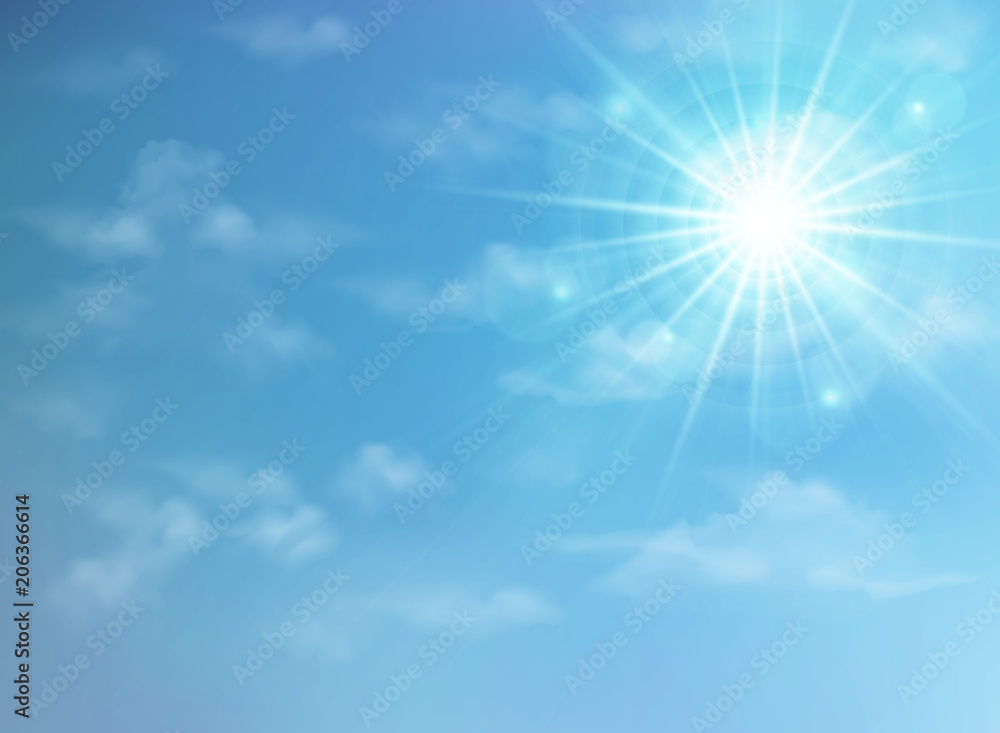 Abstract of realistic sunburst on clear blue skys background with copy space of text, illustration vector eps10