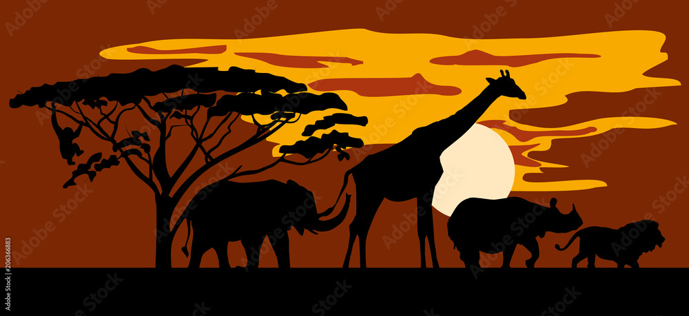 Silhouettes of animals on the background of Savannah