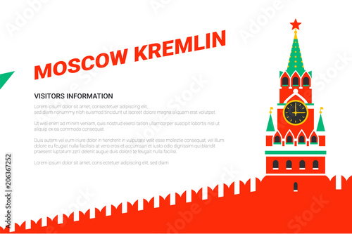 Moscow Kremlin poster template. Spasskaya tower of the Kremlin on red square in Moscow, Russia. Russian national landmark in flat style. City events banner.