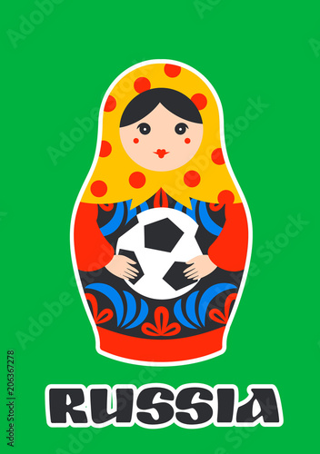 Russian Matrioshka. Greeting card with Russia symbol with soccer ball and text Russia. Metreshka sticker. Vector traditional russian nesting doll with football ball. Matroska icon on green background. photo