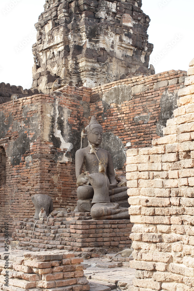 Monkey family sitting playing on ancient damaged Buddha statue, Candid animal wildlife, group of mammal on historical travel destination in Asia, home decoration wallpaper Monkey family sitting playing on ancient damaged Buddha statue, Candid animal wildlife, group of mammal on historical travel destination in Asia, home decoration wallpaper