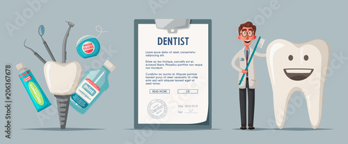 Cute happy smiling tooth. Vector cartoon illustration. Funny characters