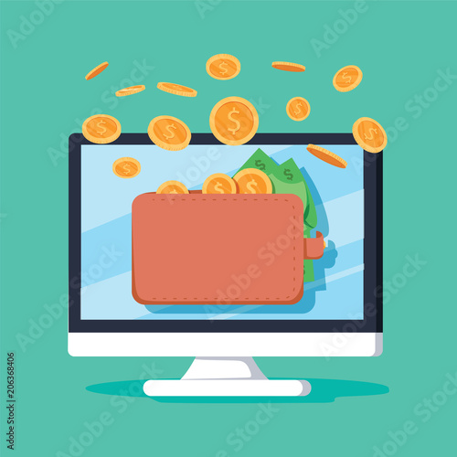 Online income money in electronic wallet vector illustration, flat cartoon golden coins flying in wallet on computer pc
