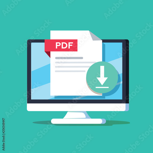 Download PDF button on desktop screen. Downloading document concept. File with PDF label and down arrow sign.