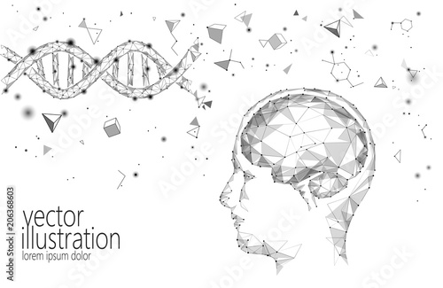 Human brain IQ smart business concept. E-learning nootropic drug supplement DNA medicine neuroscience braingpower. Brainstorm creative idea project work low poly polygonal vector illustration