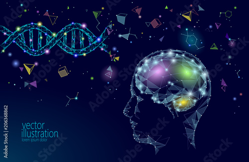Human brain IQ smart business concept. E-learning nootropic drug supplement DNA medicine neuroscience braingpower. Brainstorm creative idea project work low poly polygonal vector illustration