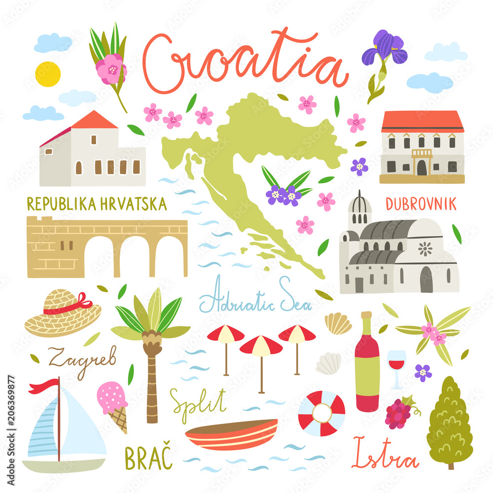 Fototapeta premium Croatia illustration symbols. Cute travel icons about Croatia
