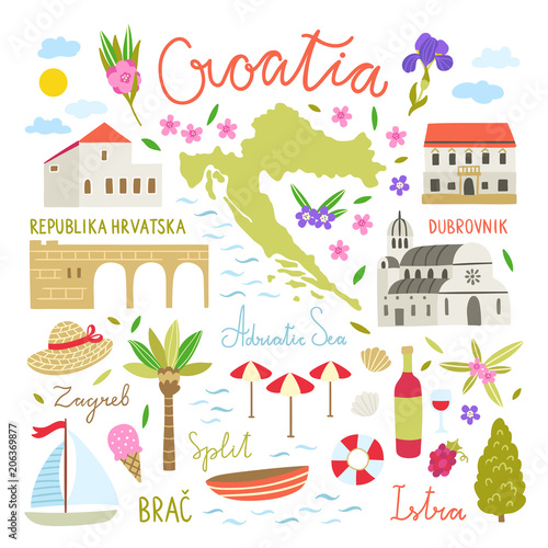 Croatia illustration symbols. Cute travel icons about Croatia