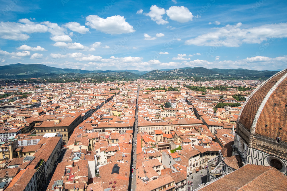 Aerial view of Florence, Italy. With Florence Duomo Cathedral. Basilica di Santa Maria del Fiore or Basilica of Saint Mary of the Flower