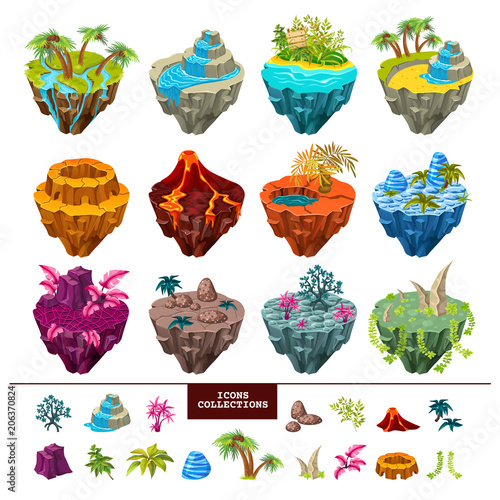 Islands of computer game isometric set with  trees and rivers, volcano landscape, waterfall and icons collection. Isolated vector illustration
