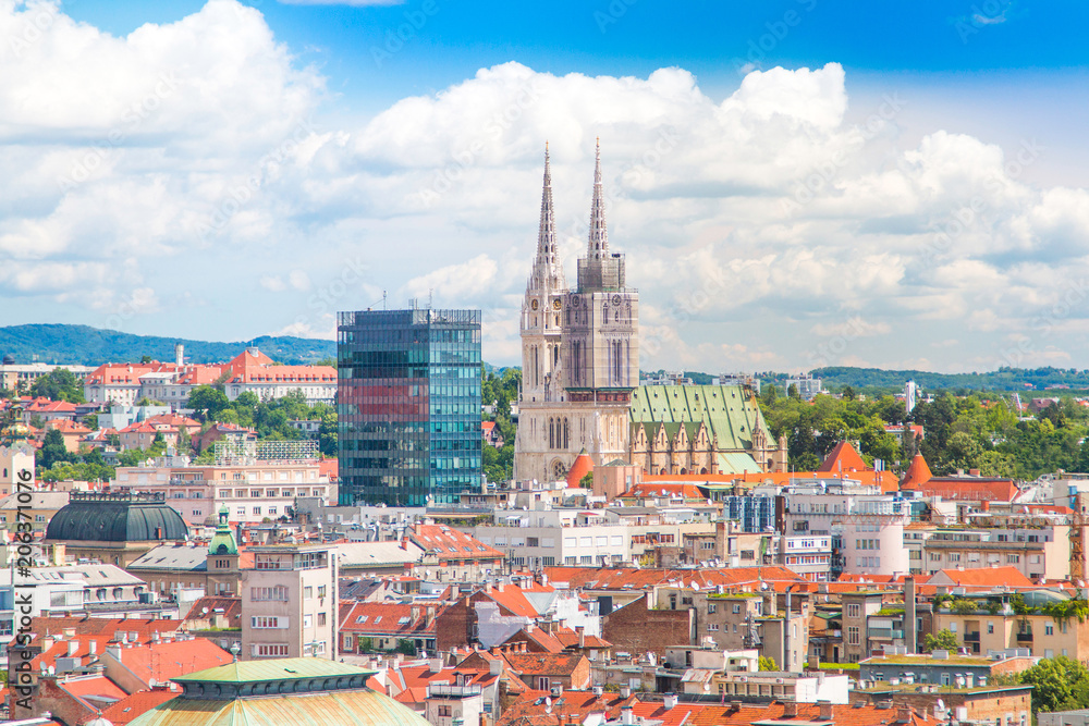 Panoramic view on Zagreb center and catholic cathedral,  Croatia 