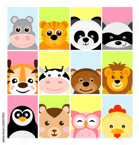 Vector illustration of adorable cute baby animals on color backgrounds for banner, flayer, placard for children in flat cartoon style.