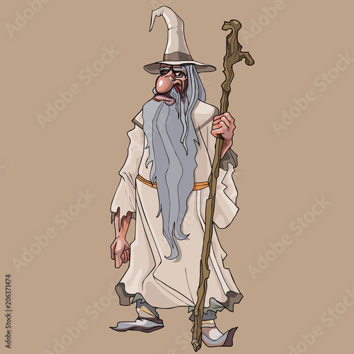 Cartoon bearded fairy old man with a staff